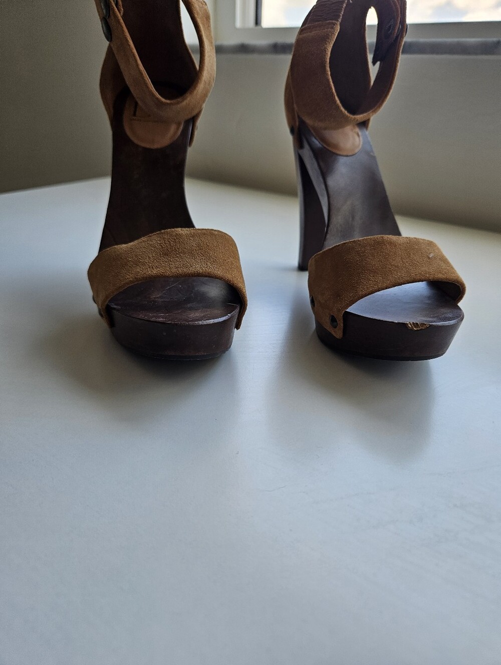 DVF Suede Caramel Wooden High Heel Ankle Strap Sandals - Picture 9 of 14